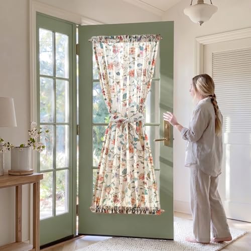 Image of jinchan Hattie Floral French Door Curtain 72 Inch Length Vintage Cottage Core Farmhouse Linen Decor for Glass Door Light Filtering 1 Panel with Tie Up Bow Rod Pocket Beige