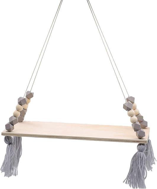 huahuo Wooden Display Floating Wall Hanging Rope Nordic Shelf Swing Hanging Shelf for Living Room Childrens Room and Garden (Gray)