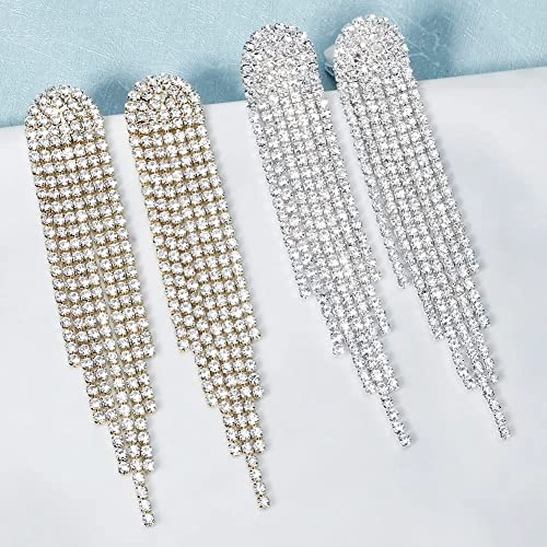 Mlouye Clip On Earrings Long Crystal Tassel Fringe For Wedding Women Girls Bridal Dangling Chain Dangle Drop Earring Silver Tone Clear #TOP4