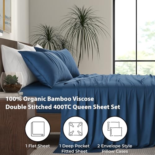 Image of Luxury Bamboo Market | Queen Size Bed Sheet Set | 100% Viscose Made from Bamboo | Organically Grown | Ultra Soft | Cooling Sheets for Hot Sleepers | 17 inch Deep Pocket [Midnight Blue]