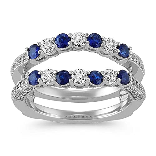 V Touch Round Cut Created Blue Sapphire & Diamond Vintage Enhancer Wrap Engagement Wedding Ring for Womens 925 Sterling Silver