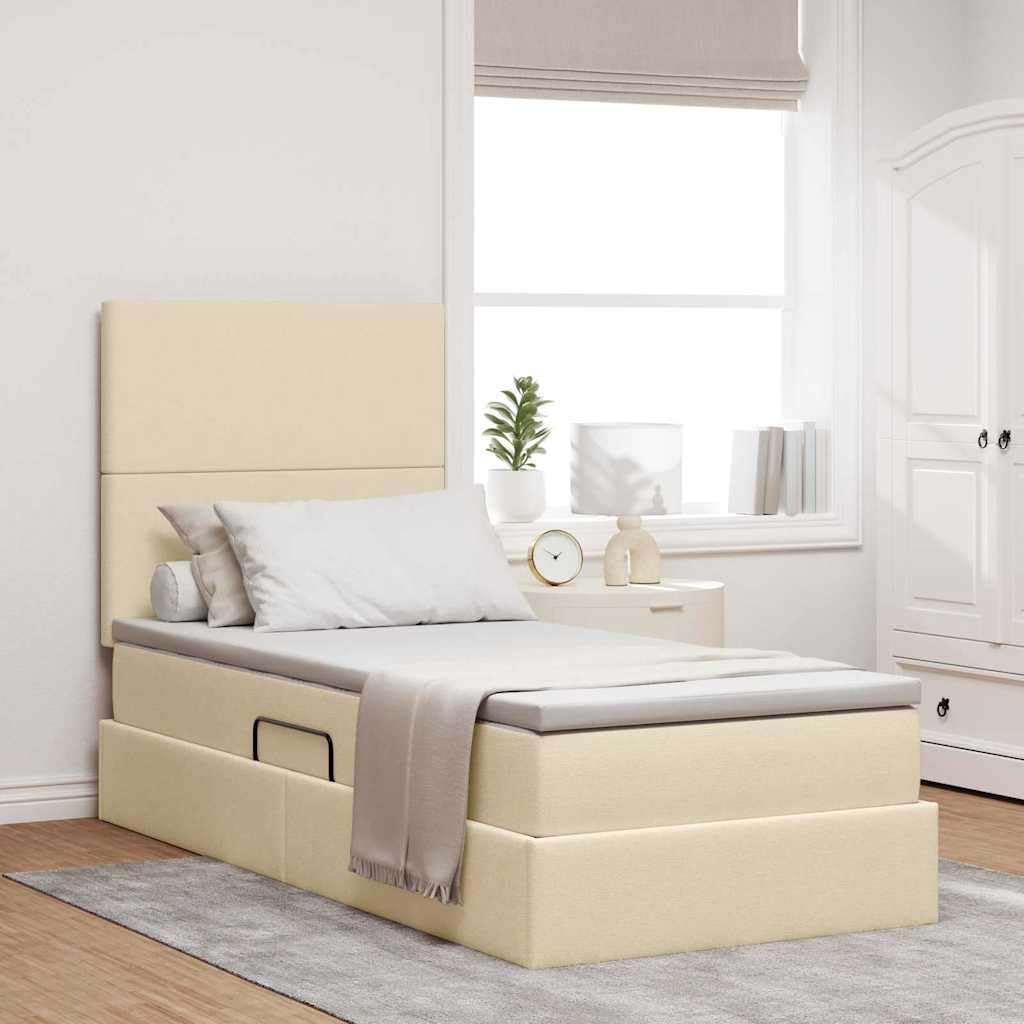 Cama de almacenamiento LED con colchón color crema, 90 x 190 cm, tela de madera, cama de almacenamiento con cabecero ajustable y tira LED para dormitorio, comodidad, estructura de madera