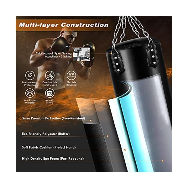 Sporty freestanding sandbag 50 inches, Heavy-Duty Filling Set can be 100 pounds、Adjustable Wall Bracket Ceiling Hook Punch Chain Boxing MMA Muay Thai Karate Taekwondo Kickboxing Training Workout
