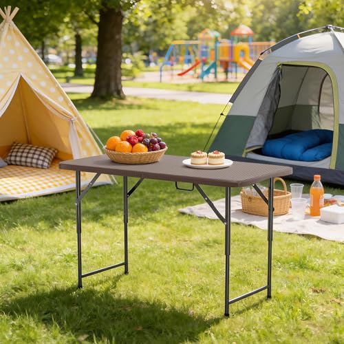 Image of BestOffice 4 FT Picnic Table Folding Table Camping Plastic Table Fold Up Table Lock for Party Event, Brown Ratten