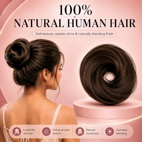 Image of Messy Bun Scrunchie Hair Extension for Women & Girls- 100% Natural Real Human Hair Juda Bun | Hair Bun Accessories for women- Trendy Messy bun Look, Natural Brown (30g)