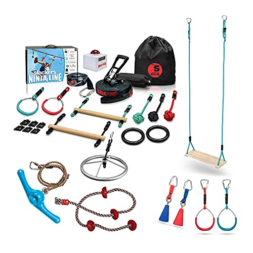 Slackers 56' Ultimate Ninjaline Obstacle Course w/ 15ft Extension - Includes Intro Kit, Ninja Twister, Ninja Rope, Spinner Wheel, Ninja Buzzer, and More - Ninja Warrior Kit - Ninja Course - Ages 5+