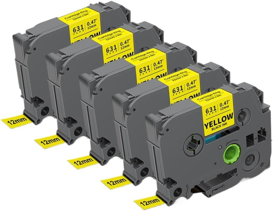 5PK TZe231 Compatible Printer Ribbon 12mm for Label Maker Works with TZe 231 TZ 131 631 Replaces PTH110 Ribbons(Black on Yellow)