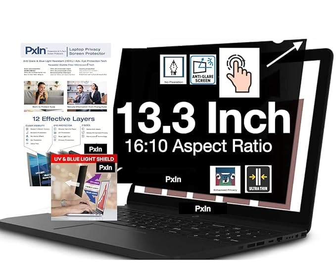Image of Pxin 13.3 Inch (16:10) Laptop Privacy Screen Filter - NO Eye Strain | Anti-Blue Light + Anti-Glare | No Dry Eyes | Privacy Screen Protector | Touch Screen Enabled