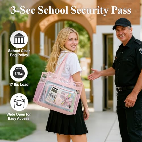 Image of PACKISM Clear Tote Bag for School - Large Heavy Duty Clear Tote for Girls | See Through PVC, Wide Zipper Opening, Front Pocket Keeps Essentials Visible for Students, Class, Work, Daily Carry, Age 12+