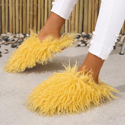 Image of Unisex Fuzzy Faux Fur Slippers, Women's Fluffy Long Hair Sheep Faux Fur Slip on Slides, Girls Luxury Big Fluffy Outdoor Flat Slippers, Long Curly Hair Non-Slip Warm Home Slide Shoes