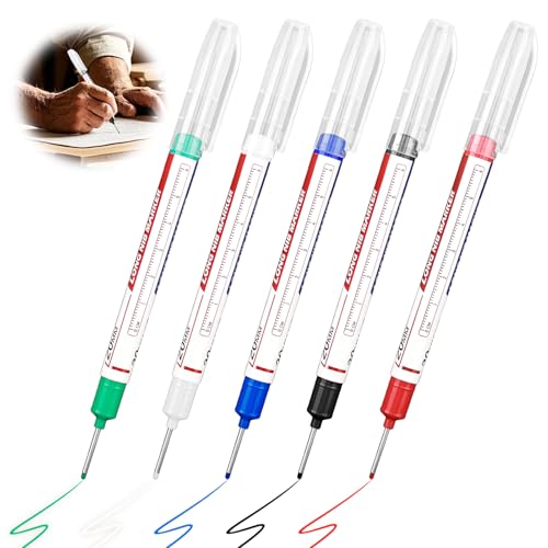 5 Pcs Deep Hole Markers, 20 mm Drill Hole Marker, Extra Lange Spitze für Präzision, Tieflochmarker Edding, Wasserdichte Marker für Holz, Metall, Pappe, Bauprojekte (Schwarz, Blau, Rot, Grün, Weiß)