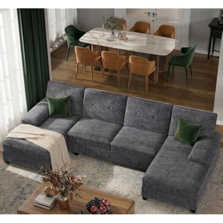 U-Shaped Sectional Sofa with Double Chaise,Linen Fabric 4-Seat Modern Couch, Removable Pillows for Apartment Living Room, Black