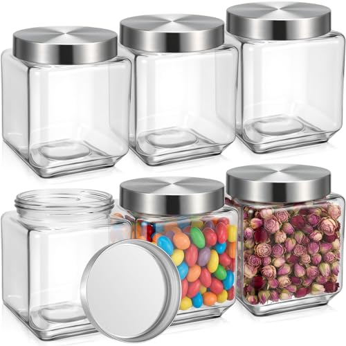 LemonRoad 6 Pack 34 oz Square Glass Jars with Lids Wide Mouth Kitchen