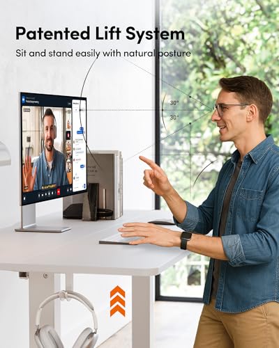 Image of FEZIBO 55 x 24 Inchs Electric Standing Desk, Height Adjustable, Sit Stand Up, Computer Office Desk with Splice Board, White Frame /White Top