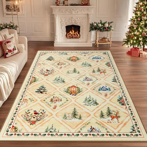 GEANUP Christmas Area Rugs for Living Room 120x180 cm Washable Beige Xmas Tree Cottage Bedroom Rugs Non Slip Soft Low Pile Kitchen Carpet for Dining Room Nursery Entryway Office Festival Decor