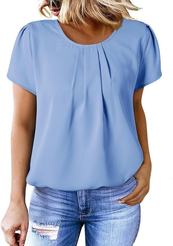 Dokotoo Women's Casual Round Neck Basic Pleated Tops Short Sleeve Loose Fit Curved Back Chiffon Blouses Tshirts - Image 2