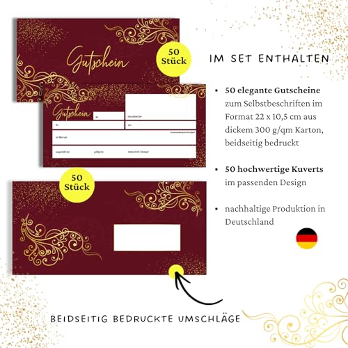 heaven+paper 50 Blanko Gutscheine mit Umschlägen zum Ausfüllen Geschenkgutschein für Restaurant, Massage, Nagelstudio, Friseur, Beauty, Einzelhandel, B2C (Burgundy)