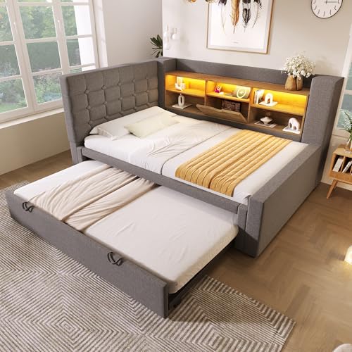 Aunvla Cama tapizada de 90 x 200 cm con cama nido de 90 x 190 cm y iluminación LED, cabecero en forma de L con espacio de almacenamiento, montaje por ambos lados, somier, lino, gris (sin colchón)