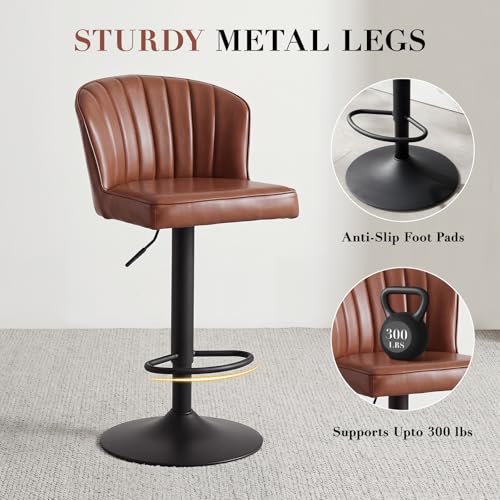 Image of EALSON Swivel Counter Height Bar Stools Set of 2 Modern Adjustable Bar Chairs with Back Leather Upholstered Barstools with Metal Base Comfortable Island Chairs for Kitchen Counter /Pub, Brown