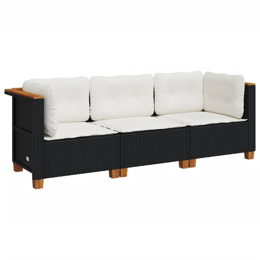 Sofá Jardín de Ratán de 3 Plazas, Sofá Exterior Negro Modular con Cojines Acolchados, Dimensiones 190.5 x 63.5 x 62 cm
