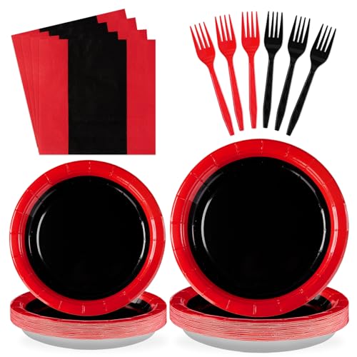 Greencian 96Pcs Red and Black Birthday Party Decorations Serves 24