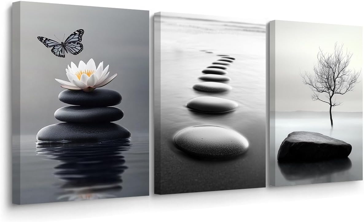 BJYCHG Black and White Zen Wall Art 3 Pieces Stones in Water Picture Canvas Print for Bathroom Spa Stone Painting Yoga Meditation Room Decor Framed (White, 16x24inchx3 Pieces)