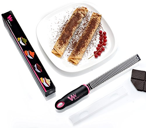 WonderEsque Zester and Cheese Grater - Premium Stainless Steel Blade - Protective Cover - No-Slip Ergonomic Handle (BLACK and PINK, 12.6x1.1x1.3)