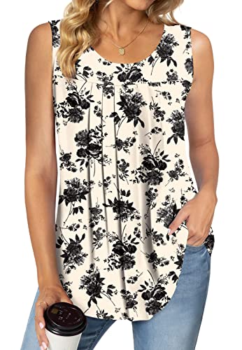 Netsmile Women's Summer Casual Sleeveless Chiffon Tank Top Loose Pleated Shirt Blouse, Xl, Floral White #TOP22