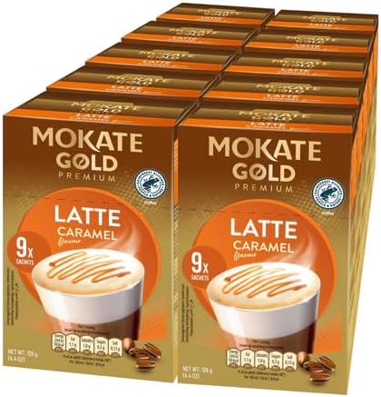 Mokate Gold Premium Latte Caramel Flavour Instant Coffee Bulk Buy Box of 9 x 10 Individually Wrapped Pocket Coffee Sachet Gift for Coffee Lover, Office Drinks, Staff Rooms, Refreshment Partn