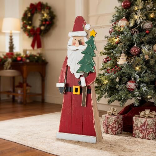 Image of Glitzhome 30 inchH Christmas Chunky Wood Santa Porch Sign,Standing Santa Porch Decor,Rustic Merry Christmas Welcome Sign for Holiday Party Outdoor Indoor Xmas Decorations