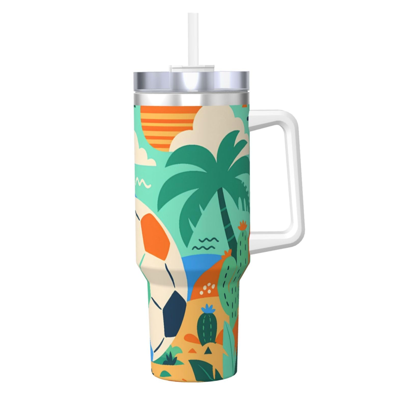 Vaso aislado de 40 oz Tropical Desert Football con asa y pajilla para viaje