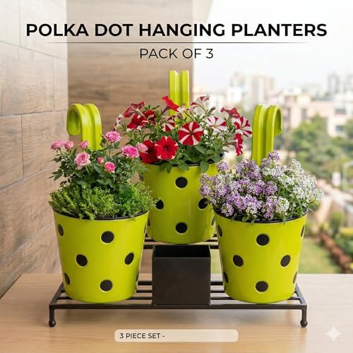 Image of Premium Hook Planter with Inner Pot | Polka Dot Hanging Planter for Balcony & Railings | Sturdy Plastic | Built-in Drainage | Vibrant Colours | Indoor & Outdoor Gardening (3, Green)