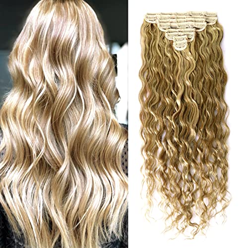 BEQUEEN Clip in Hair Extensions Real Human Hair 100% Real Wavy Hair Extensions Clip in Human Hair Clip in Extensions 8pcs 120g Wavy Extensions Weave Hair Clips Extensions Caramel Blonde Dark gold 613 Blonde for Women (18 inch, F8/613)
