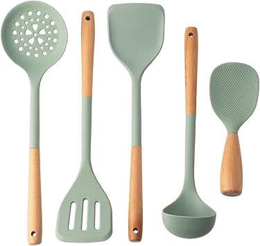 5-Piece Green Silicone Cooking Utensils Set with Wooden Handle, Heat Resistant Kitchen Utensils Spatula Set Non-stick Soup Spoon Skimmer Rice Scoop for Home Restaurant
