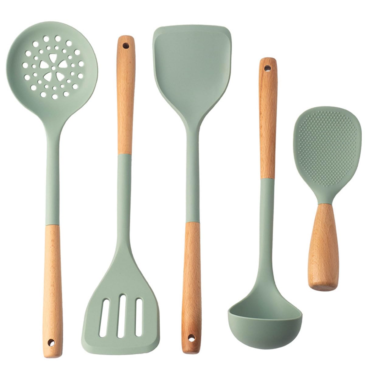 BRIIEC 5-Piece Green Silicone Cooking Utensils Set with Wooden Handle, Heat Resistant Kitchen Utensils Spatula Set Non-stick Soup Spoon Skimmer Rice Scoop for Home Restaurant