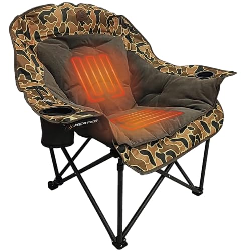 Black Sierra Heated Fleece Camping Chair for Adults, Oversized Outdoor Seat with Plush Padding, Supports 400lbs, Cup Holders and Carry Bag, Heavy Duty Folding Chair for Tailgating or Patio