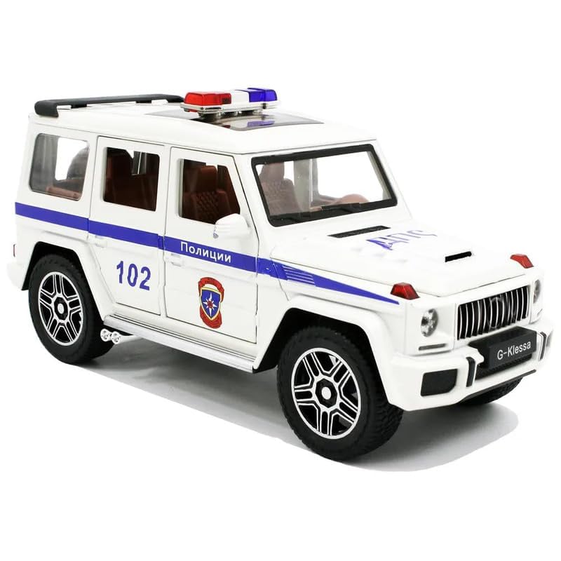 Image of Kids Model 1:24 G Wagon Jeep Police Die Cast Metal Car Pull Back Action Opening Doors with Realistic Engine Sound Lights Toy Car Gift for Boys - White