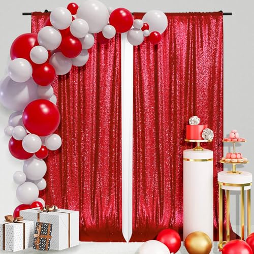 Image of PartyDelight Red Sequin Backdrop 5x10ft 2 Panels 4 Inch Rod Pocket | 3mm stitched red sequins on mesh backing with 4 inch rod pocket for wide reception walls head tables stages and layered event