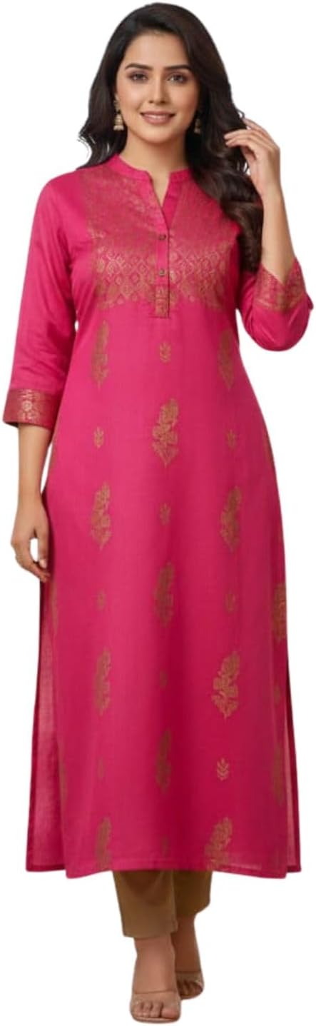 Women’s Pink Printed Kurta with Golden Print | 3/4 Sleeve Ethnic Kurti for Office, Festive