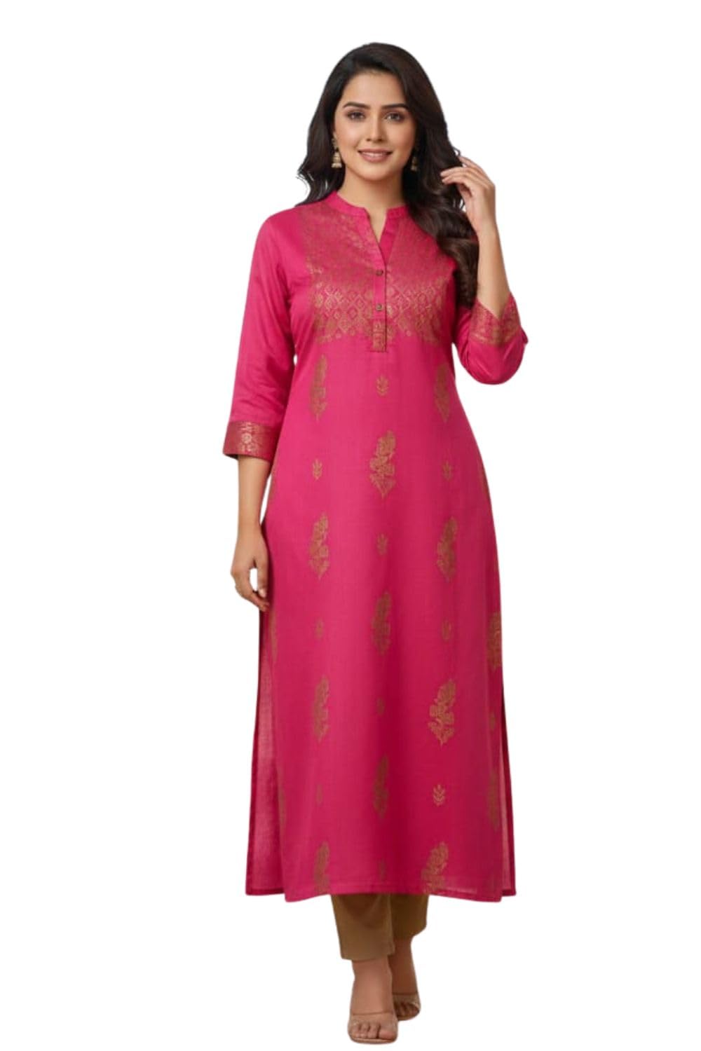 Women’s Pink Printed Kurta with Golden Print | 3/4 Sleeve Ethnic Kurti for Office, Festive