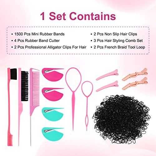 Deeka 1500Pcs Black Mini Rubber Bands, 4 Pcs Rubber Band Cutter For Hair, 2 Pcs Professional Alligator Clips For Hair, 2 Pcs Non Slip Hair Clips, 3 Pcs Hair Combs, 2 Pcs French Braid Tool Loop Hair Styling Tools Set -Black #TOP1