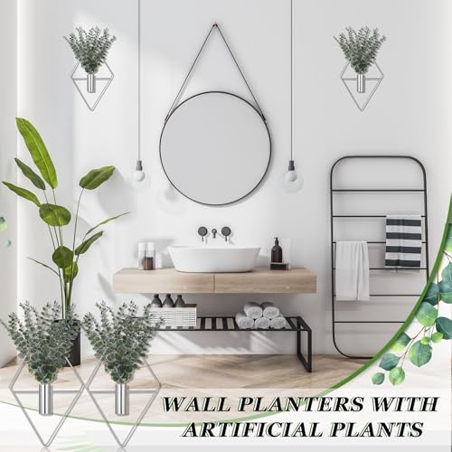 Image of Jexine Hanging Planters with Artificial Eucalyptus Metal Hanging Vase Indoor Plants Holder Modern Geometric Boho Bathroom Wall Decor for Living Room Home Office(Chrome Sliver,4 Pcs)