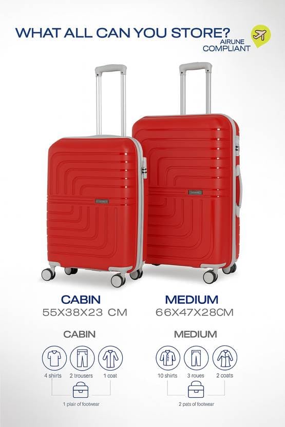 Image of Pro 8 Wheels Set of 2 (Cabin + Medium) Trolley Bags, Hard Case Polypropylene, 360º Wheeling Luggage for Men & Women, Suitcase for Travel, Trolley Bags for Travel (Red)