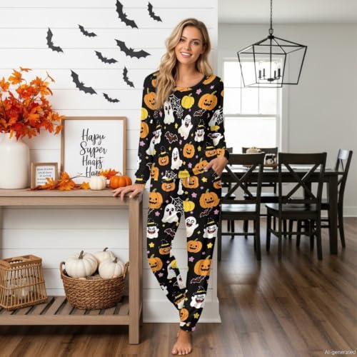 Image of Women's 2 Piece Printed Pajama Set Long Sleeve Sleepwear Set with Long Pants Casual Lounge Sets with Pocket