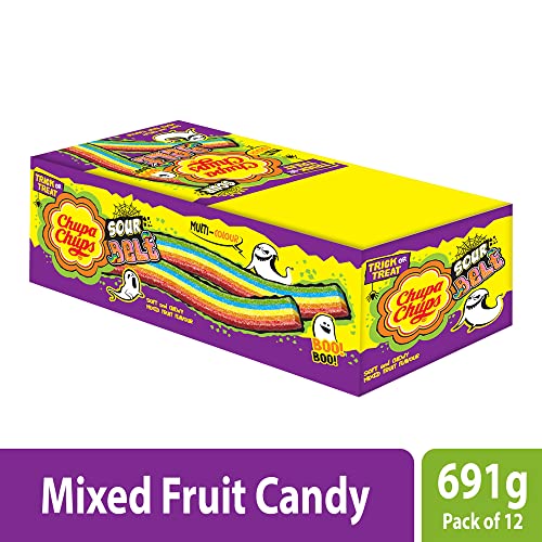 Image of Chupa Chups Sour Belt, Mixed Fruit Flavour, Soft & Chewy Toffee Pack, 12 x 57.6 g