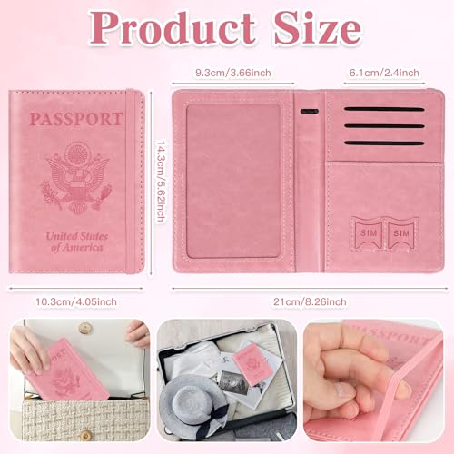 Passport Holder for Travel, RFID Blocking Passport Cover with Pen Holder Leather Passport Wallet Case Travel Must Haves Accessories Passport Book Card Holder for Family Travel Essentials Gifts, Pink3