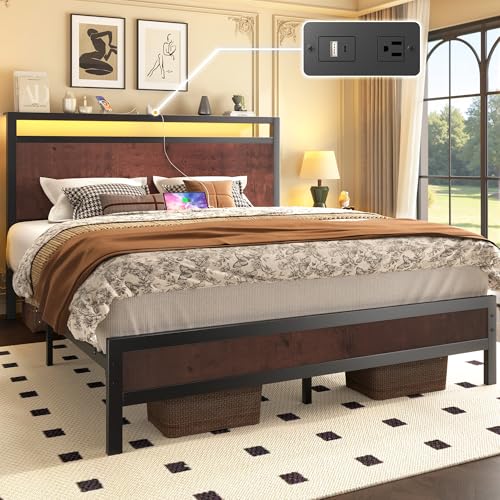 Image of Fluest Queen Bed Frame with Headboard & Footboard, Bed Frame with Built-in Charging Station & LED Light, Storage Shelf, Noise-Free, No Box Spring Needed, Easy Assembly, Coffee Brown