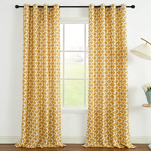 Vogol Thermal Insulated Window Room Grommet Curtain Drapes For Bedroom And Living Room, Set Of 2 Curtains & Panels, 52 X 84 Inches, Yellow Geo Pattern In White #TOP1