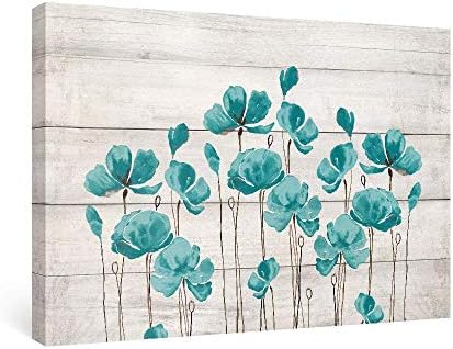 SUMGAR Canvas Wall Art Bedroom Rustic Blue Flower Pictures Farmhouse Decor Teal Floral Paintings Turquoise Framed Artwork Grey Prints Gray Bathroom Decorations Mom Gifts,16x24 inch