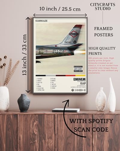 Image of BLINKART Eminem - Kamikaze Wall Photo Frames | Wall Art for Bedroom, Living Room, Studio or Office | Album Cover Print with Spotify Song Link QR Code | Gift for Fans - 8x12 In
